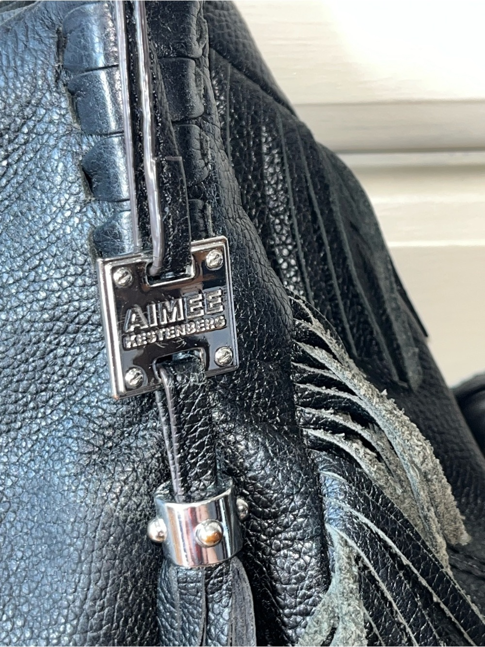 Aimee Kestenberg Black Fringe Pebbled Leather Double Handle Shoulder Bag - Picture 3 of 10